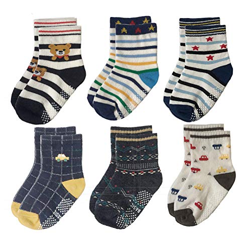 Yafane 12 Pares de Calcetines Antideslizantes para Niños Pequeños Algodón Lindo con Puños Calcetines Antideslizantes para Bebés (Color B, 1-3 años)