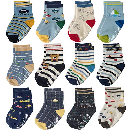 Yafane 12 Pares de Calcetines Antideslizantes para Niños Pequeños Algodón Lindo con Puños Calcetines Antideslizantes para Bebés (Color B, 1-3 años)