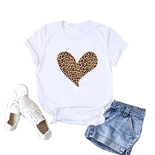 YANFANG Camisetas de Manga Corta con Cuello Redondo y Estampado de Leopardo de corazón para Mujer Casual Pareja Novios YANFANG Camisetas de Manga Corta con Cuello Redondo y Estampado de Leopardo de corazón para Mujer Casual Pareja Novios