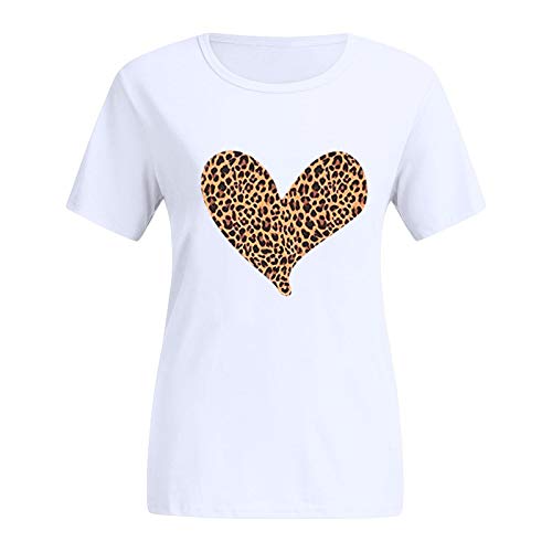 YANFANG Camisetas de Manga Corta con Cuello Redondo y Estampado de Leopardo de corazón para Mujer Casual Pareja Novios