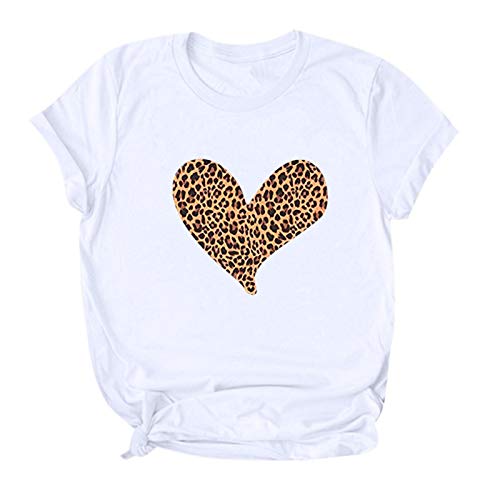 YANFANG Camisetas de Manga Corta con Cuello Redondo y Estampado de Leopardo de corazón para Mujer Casual Pareja Novios