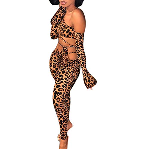 YANFANG Traje deportivo de moda con cordones y estampado de leopardo de hombro inclinado sexy para mujer Conjunto de Mujer Trajes de 2 Piezas Deporte Moda de Manga Larga Ropa de salón CorredoresMBrown