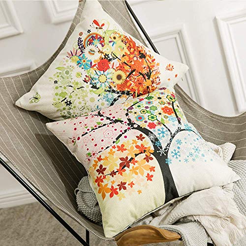 Yangbaga Colorido Otoño（5pc） Flor Árbol Algodón de Lino, Throw Pillow Case, Funda de Almohada para Cojín, 45x45 cm