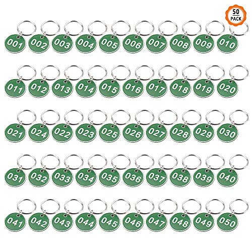 Yangfei Llavero Numero 1-50 Número de Identificación, Etiqueta de Número de Metal Etiquetas Numeradas Llaveros Numerados para Bodas, Fiestas, Taquillas, Pubs, Restaurantes, Catering (verde)