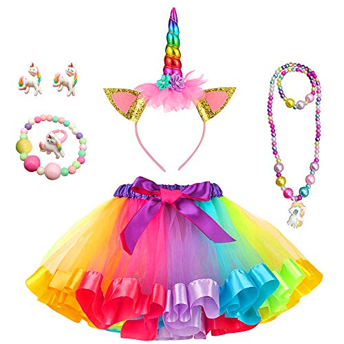 Yansion Faldas Tutu Tul para Niñas,Arco Iris Tul Capas de Faldas Ballet Danza Faldas Tutu Vestido Ropa para Niñas Regalo De Cumpleaños (con Diadema de Unicornio) (M)