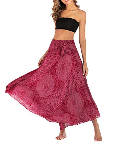 YAOTT Mujer Largas Elegantes Falda Originales Bohemia Impreso Floral Tailandés Falda Hippie para Pilates Halter Falda Rosa