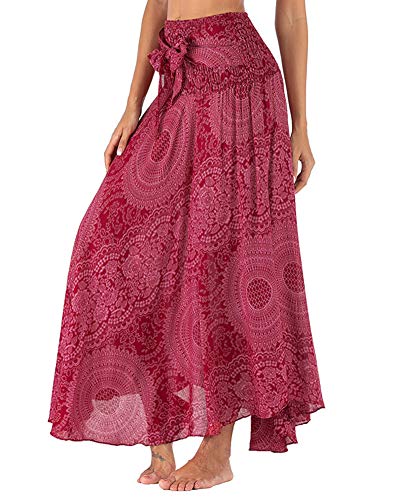 YAOTT Mujer Largas Elegantes Falda Originales Bohemia Impreso Floral Tailandés Falda Hippie para Pilates Halter Falda Rosa