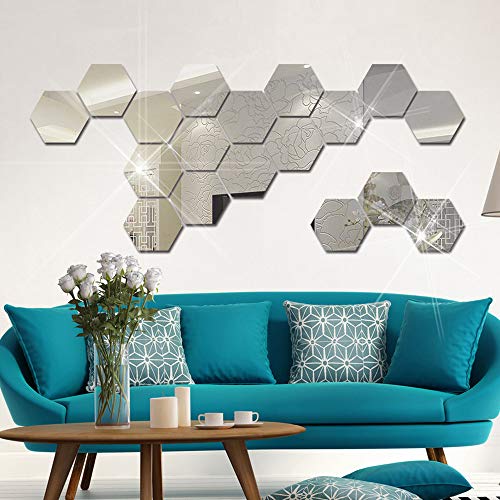 YapitHome 12 Pcs Espejos Autoadhesivos Azulejos Espejo Pegatinas De Pared Espejo 3D Hexágono Adhesivos Acrílicos Para Dormitorio Tv Pared Baño Pasillo Decoración De La Pared (7.2 * 6.3 Pulgadas)