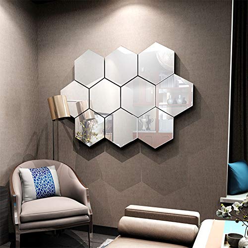 YapitHome 12 Pcs Espejos Autoadhesivos Azulejos Espejo Pegatinas De Pared Espejo 3D Hexágono Adhesivos Acrílicos Para Dormitorio Tv Pared Baño Pasillo Decoración De La Pared (7.2 * 6.3 Pulgadas)