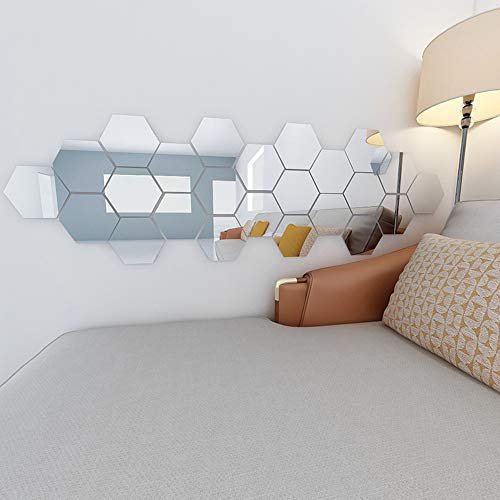 YapitHome 12 Pcs Espejos Autoadhesivos Azulejos Espejo Pegatinas De Pared Espejo 3D Hexágono Adhesivos Acrílicos Para Dormitorio Tv Pared Baño Pasillo Decoración De La Pared (7.2 * 6.3 Pulgadas)