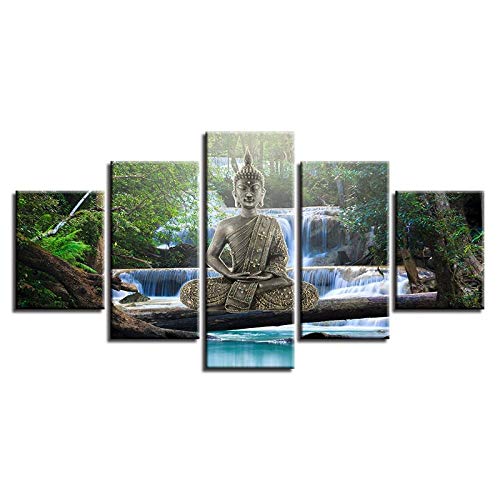 YCCYYYI Arte de impresión HD decoración 5 Piezas Oro Buda meditación Cascada Paisaje Pinturas modulares Lienzo Cuadros para la Pared de la Sala de Estar