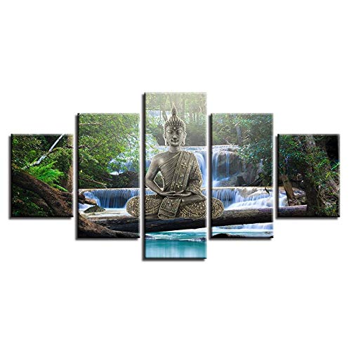 YCCYYYI Arte de impresión HD decoración 5 Piezas Oro Buda meditación Cascada Paisaje Pinturas modulares Lienzo Cuadros para la Pared de la Sala de Estar YCCYYYI Arte de impresión HD decoración 5 Piezas Oro Buda meditación Cascada Paisaje Pinturas modulares Lienzo Cuadros para la Pared de la Sala de Estar