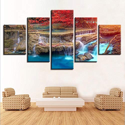 YCCYYYI Carteles de Lienzo modulares Impresos en HD, 5 Piezas, cascadas de árboles Rojos, Paisaje Natural, Pintura, decoración, Arte de Pared para Sala de Estar