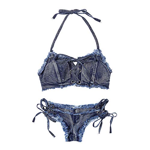 Yeahdor Conjunto de Traje para Actuación Ropa Erótico Vaquero Clubwear Traje Pole Dance Ropa de Playa Bikinis Brasileños Conjunto Azul M