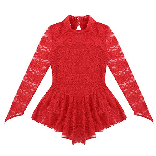 Yeahdor Niña Vestido de Danza Ballet Maillot de Gimnasia Rítmica Encaje Ahuecado Leotardo Partinaje Manga Larga Mono Body Baile Rojo 11-12 Años