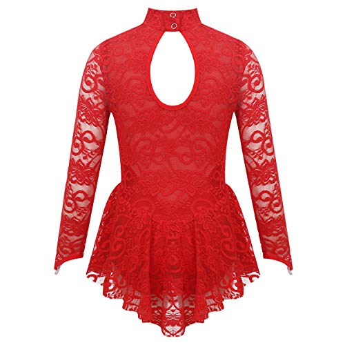 Yeahdor Niña Vestido de Danza Ballet Maillot de Gimnasia Rítmica Encaje Ahuecado Leotardo Partinaje Manga Larga Mono Body Baile Rojo 11-12 Años