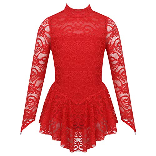 Yeahdor Niña Vestido de Danza Ballet Maillot de Gimnasia Rítmica Encaje Ahuecado Leotardo Partinaje Manga Larga Mono Body Baile Rojo 11-12 Años