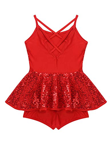 Yeahdor Vestido de Danza Ballet para Niña Maillot de Gmnacsia Lentejuelas Leotardo de Patinaje Artistico Vestido de Tirantes Pantolones Cortos Rojo 14