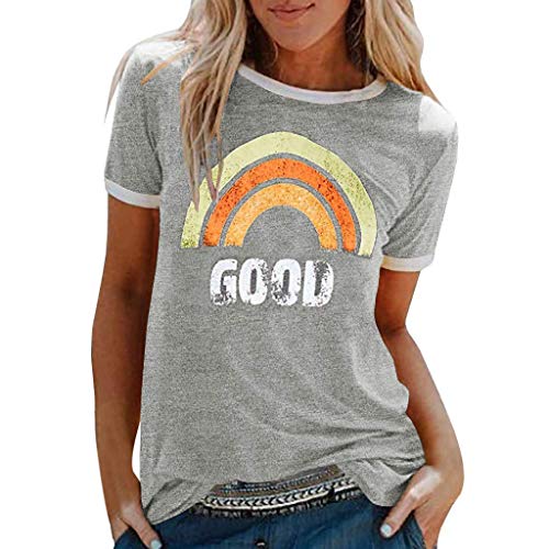 Yesgirl Mujer Good Vibes Camisa Manga Corta Arcoiris Impresión de Talla Adolescentes Blusa Camisa Cuello Redondo Basica Camiseta Suelto Verano Tops Casual Fiesta T-Shirt A Gris M