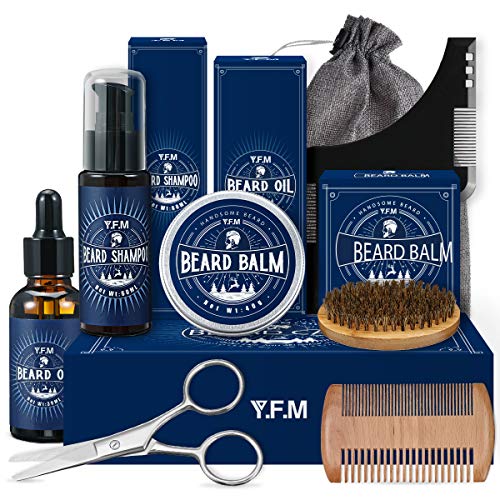 Y.F.M Kit Barba Cuidado para Hombre 9 en 1, Champu Barba, Peine, Cepillo Barba, Aceite, Balsamo, Tijeras, Guía Barba, bolsa de lona, delantal con ventosas, Regalos de Halloween, Regalos para hombres Y.F.M Kit Barba Cuidado para Hombre 9 en 1, Champu Barba, Peine, Cepillo Barba, Aceite, Balsamo, Tijeras, Guía Barba, bolsa de lona, delantal con ventosas, Regalos de Halloween, Regalos para hombres