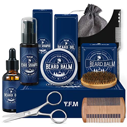 Y.F.M Kit Barba Cuidado para Hombre 9 en 1, Champu Barba, Peine, Cepillo Barba, Aceite, Balsamo, Tijeras, Guía Barba, bolsa de lona, delantal con ventosas, Regalos de Halloween, Regalos para hombres