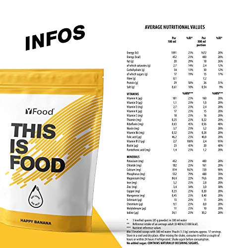 YFood Banana | Batido en Polvo | Sustituto de comida sin gluten ni lactosa | 17 comidas, 26 vitaminas y minerales | proteína en polvo | batido de proteína delicioso | pack 1,5kg