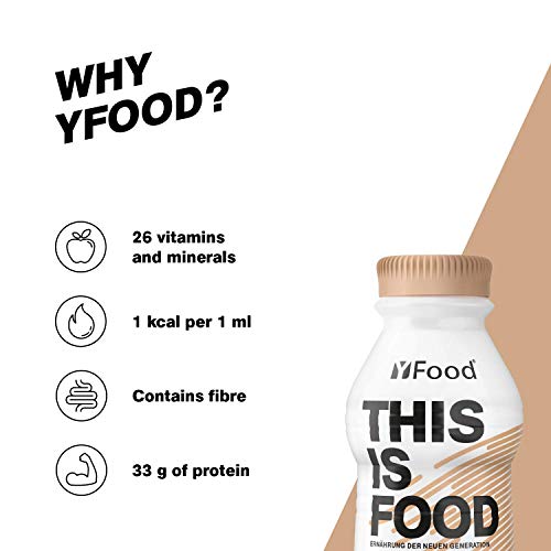 YFood Chocolate, Batido Sustitutivo | Sustitutivo de comida sin lactosa ni gluten | 33g de proteínas, 26 vitaminas y minerales | 25% de las calorías diarias requeridas | 12 x 500 ml (1kcal/ml)