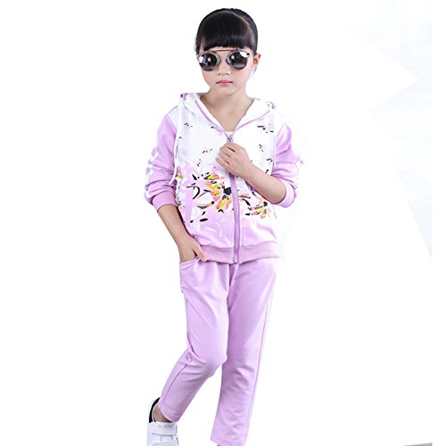 Yfpico - Chándal para niña, con capucha, manga larga, 2 piezas, chaqueta + pantalón de jogging morado 122/128 cm