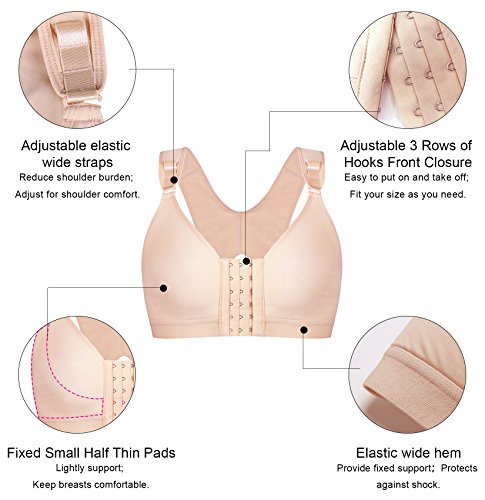 YIANNA Mujer Cierre Delantero Sujetador Post Operatorio Deportivo con Soporte de Espalda Sin Costura Sin Aros, UK-YA-BRA128-Beige-XL-New