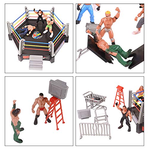 YIJIAOYUN 32pcs Mini Wrestling Playset Incluye 12 Figuras de acción en Miniatura, Jugadores de Lucha y múltiples Accesorios realistas para niños, niños