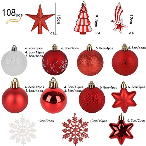 YILEEY Adornos de Navidad Decoracion Arboles de Navidad Bolas de Plastico, Blanco y Rojo, 108 Piezas en 14 Tipos, Caja de Bolas de Navidad de Plástico Inastillable con Percha, Adornos Decorativos