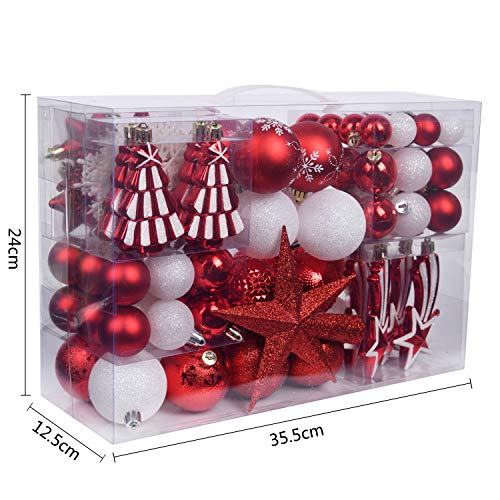 YILEEY Adornos de Navidad Decoracion Arboles de Navidad Bolas de Plastico, Blanco y Rojo, 108 Piezas en 14 Tipos, Caja de Bolas de Navidad de Plástico Inastillable con Percha, Adornos Decorativos