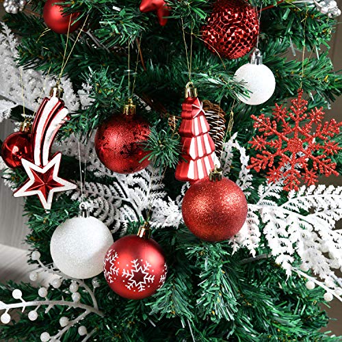 YILEEY Adornos de Navidad Decoracion Arboles de Navidad Bolas de Plastico, Blanco y Rojo, 108 Piezas en 14 Tipos, Caja de Bolas de Navidad de Plástico Inastillable con Percha, Adornos Decorativos