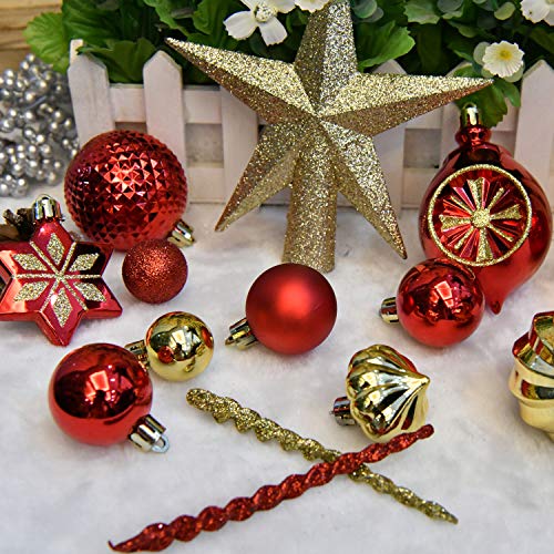 YILEEY Adornos de Navidad Decoracion Arboles de Navidad Bolas de Plastico, Dorado y Rojo, 68 Piezas en 14 Tipos, Caja de Bolas de Navidad de Plástico Inastillable con Percha, Adornos Decorativos