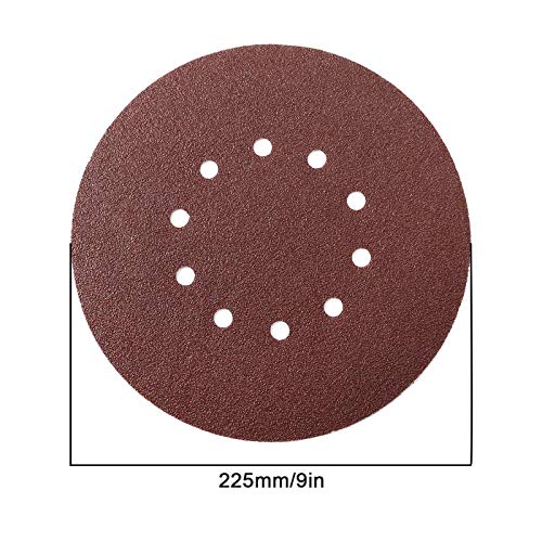 Yinettech - Lote de 50 discos de lijado de grano surtidos 40/60/80/100/120 225 mm, 10 agujeros de gancho y hebillas de papel de vidrio para lijadora orbital