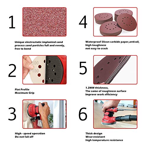 Yinettech - Lote de 50 discos de lijado de grano surtidos 40/60/80/100/120 225 mm, 10 agujeros de gancho y hebillas de papel de vidrio para lijadora orbital