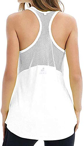 YINI - Camiseta de Tirantes de Malla con Espalda Cruzada para Yoga, para Mujer Blanco Blanco L