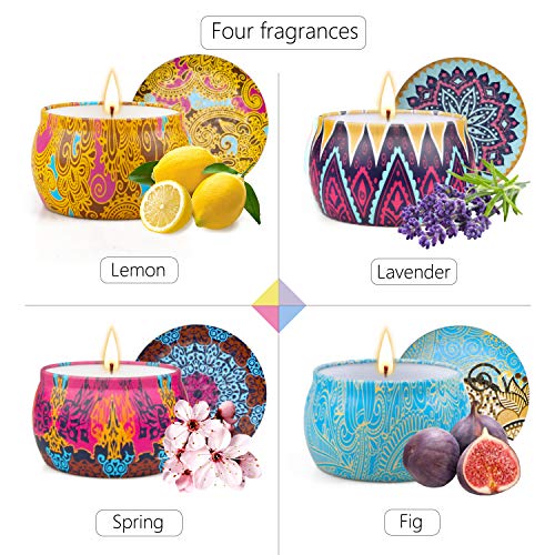 Yinuo Candle Velas Perfumadas Vela Aromática Caja de Regalo 4 Latas, 4.4 oz, 120 Horas de Quema, Cera de SOYA con Tarjeta de Felicitación, Patrón Clásico