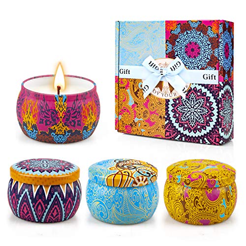 Yinuo Candle Velas Perfumadas Vela Aromática Caja de Regalo 4 Latas, 4.4 oz, 120 Horas de Quema, Cera de SOYA con Tarjeta de Felicitación, Patrón Clásico