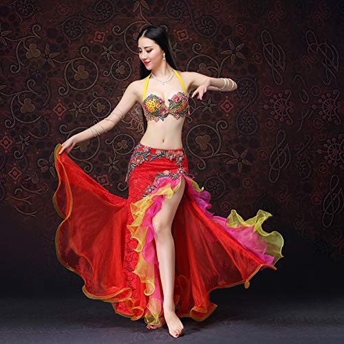 Yipianyun Mujer Señoras Danza del Vientre Profesional Conjunto de Vestuario Danza India Rendimiento Outfit Vientre para Actuación Conjunto de Baile Conjunto Hecho a Mano Sujetador y Faja，Rosado