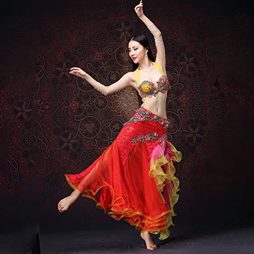 Yipianyun Mujer Señoras Danza del Vientre Profesional Conjunto de Vestuario Danza India Rendimiento Outfit Vientre para Actuación Conjunto de Baile Conjunto Hecho a Mano Sujetador y Faja，Rosado