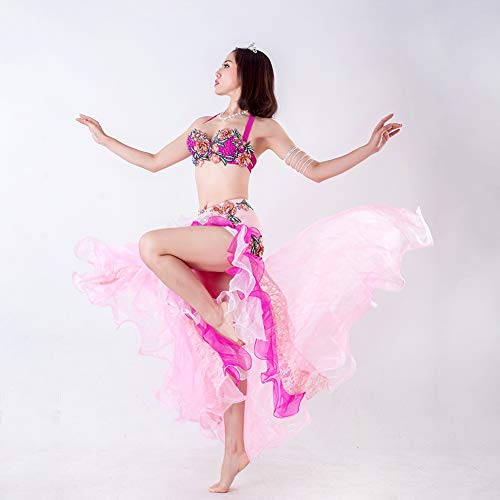 Yipianyun Mujer Señoras Danza del Vientre Profesional Conjunto de Vestuario Danza India Rendimiento Outfit Vientre para Actuación Conjunto de Baile Conjunto Hecho a Mano Sujetador y Faja，Rosado