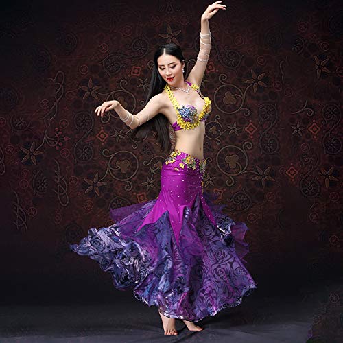 Yipianyun Mujer Señoras Sujetador y Faja Danza del Vientre Profesional Conjunto,Vestuario Danza India Rendimiento Outfit Vientre para Actuación Conjunto Baile Conjunto,púrpura