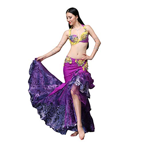 Yipianyun Mujer Señoras Sujetador y Faja Danza del Vientre Profesional Conjunto,Vestuario Danza India Rendimiento Outfit Vientre para Actuación Conjunto Baile Conjunto,púrpura
