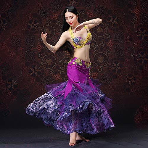 Yipianyun Mujer Señoras Sujetador y Faja Danza del Vientre Profesional Conjunto,Vestuario Danza India Rendimiento Outfit Vientre para Actuación Conjunto Baile Conjunto,púrpura