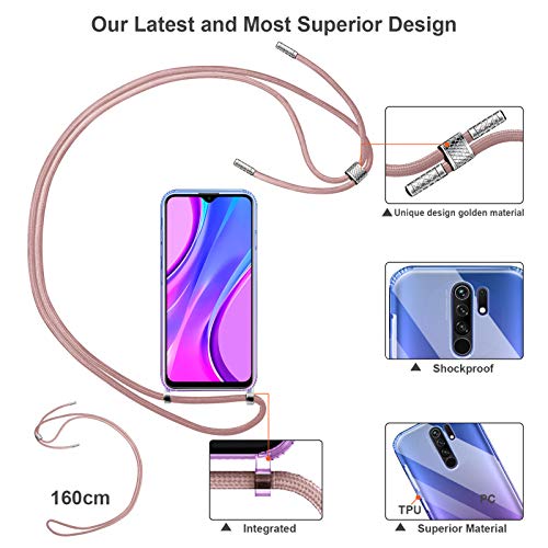 YIRSUR Funda con Cuerda Compatible con Xiaomi Redmi 9 + Cristal Templado Protector de Pantalla, Carcasa Transparente TPU Suave Silicon Colgante Ajustable Compatible con Xiaomi Redmi 9