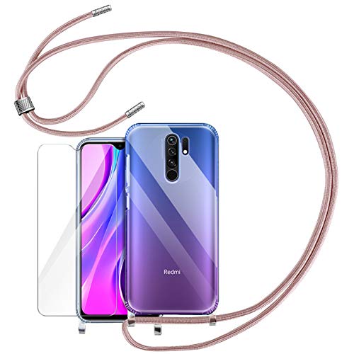 YIRSUR Funda con Cuerda Compatible con Xiaomi Redmi 9 + Cristal Templado Protector de Pantalla, Carcasa Transparente TPU Suave Silicon Colgante Ajustable Compatible con Xiaomi Redmi 9