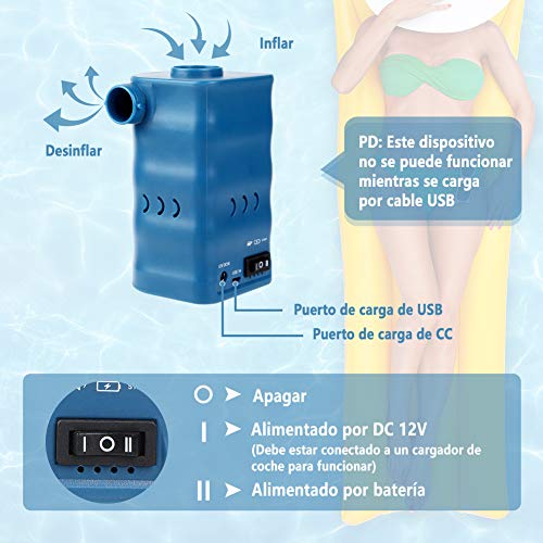 YISSVIC Bomba de Aire Eléctrica para Inflables Compresor Aire para Colchoneta Infla-desinfla 2 en 1 con 3 Boquillas Diferentes Alimentado por batería 6000mAh o DC 12V