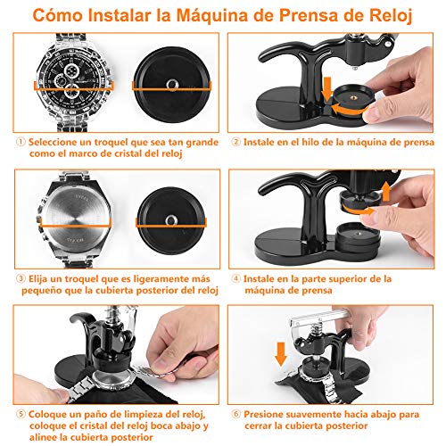 YISSVIC Kit de Prensa de Tapa de Reloj 18Pcs Herramienta de Reloj con 12 Troqueles Profesionales para Cerrar de Presión la Tapa Trasera de Reloj con Pinzas, Base Fija, Palanca ect.