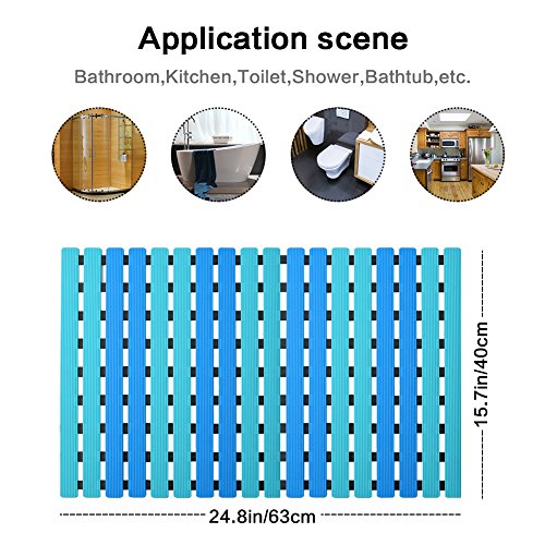 YISUN Alfombra de Baño Antideslizante con Ventosas, Drenaje Rápido Listón Acanalado, Tablero de Pato Cuadrado de Textura Suave Alfombra de Ducha Antibacterial para Cocina Piscina (Azul, 63 x 40 cm)